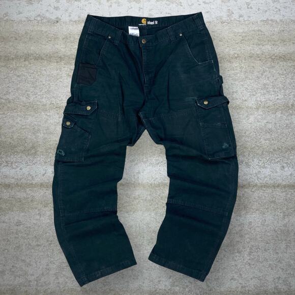 Vintage 90s Carhartt Carpenter Pants 38x32 Baggy Wide Leg Fit Black Double Knees - Picture 2 of 12